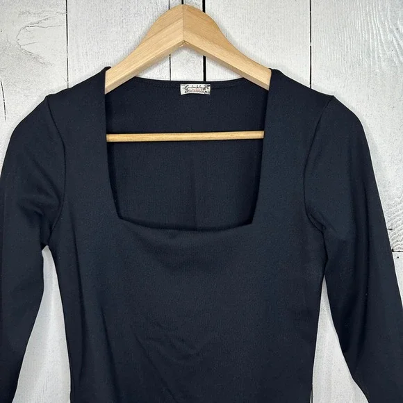 Free People Womens Bodysuit Top Black Square Neck Long Sleeve Stretch size Small - Picture 2 of 4